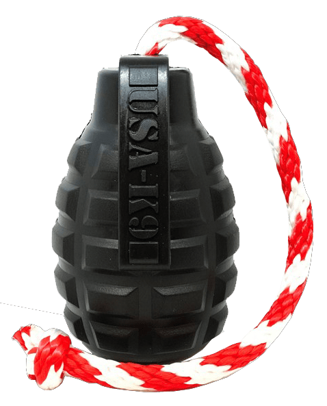 A SodaPup USA-K9 Magnum Grenade Durable Rubber Chew Toy with a rope attached to it.