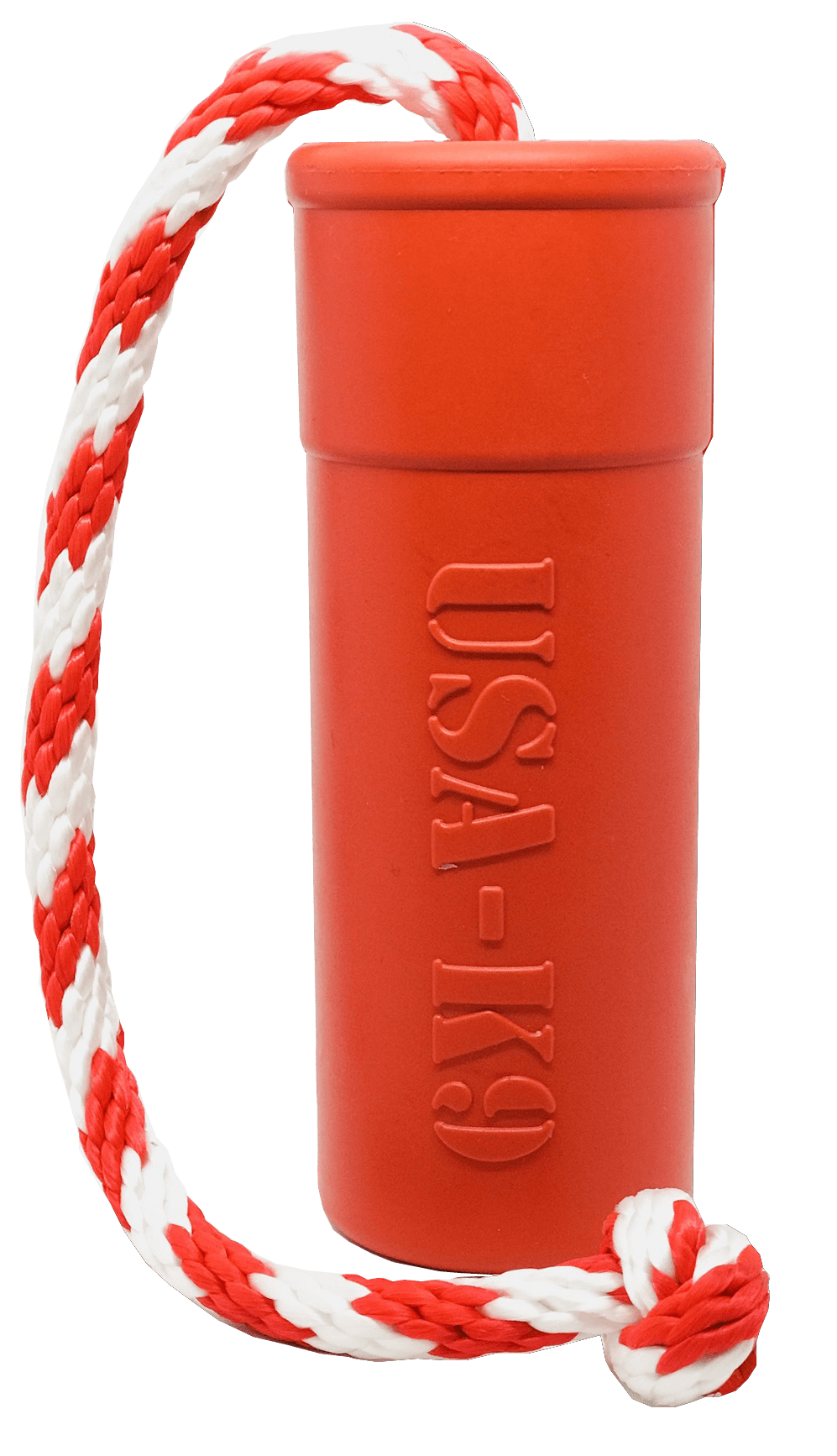 A durable USA-K9 Firecracker Durable Rubber Floating Training Dummy - Large - Red bucket with a rope attached to it, made by SodaPup.