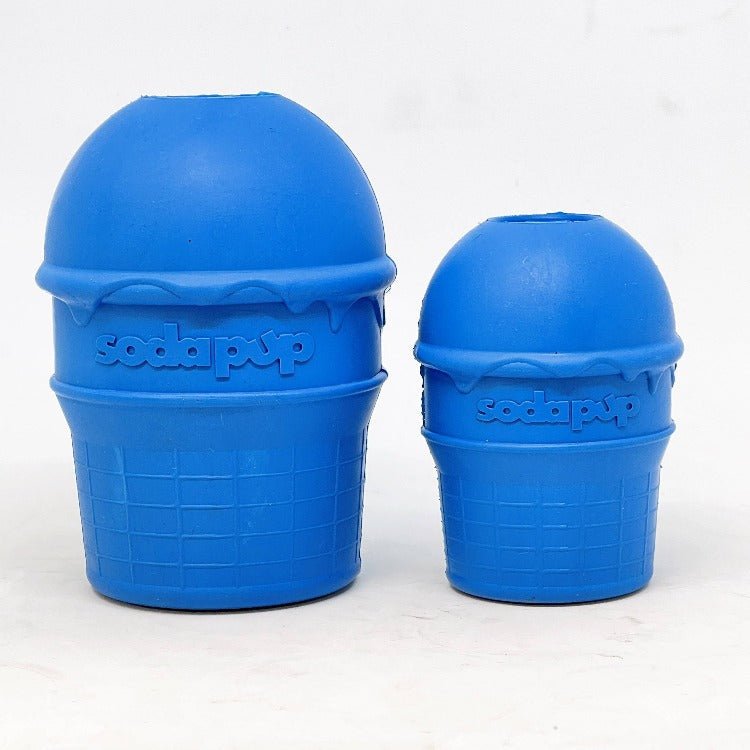 Two durable SodaPup Ice Cream Cone Rubber Chew Toy and Treat Dispensers next to each other.