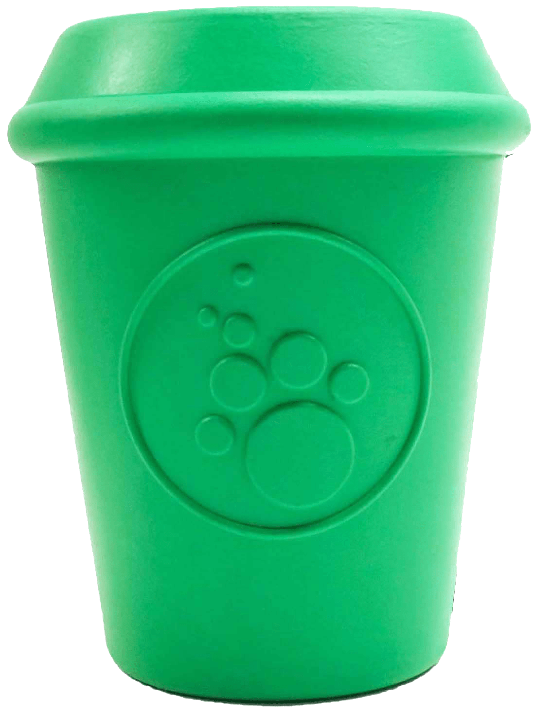 SodaPup's Coffee Cup EDispener is a durable rubber chew toy and treat dispenser, designed with a playful paw print and bubbles pattern on the side—ideal for making playtime fun with its coffee cup design.