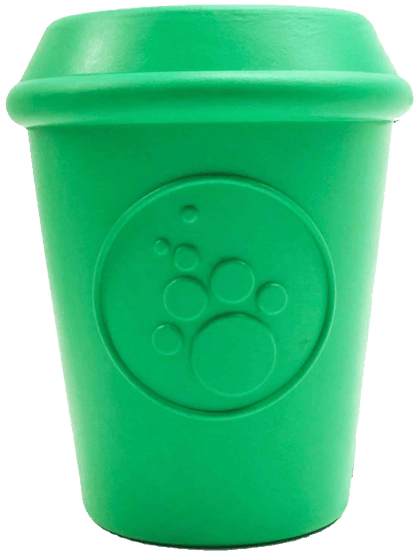 SodaPup's Coffee Cup EDispener is a durable rubber chew toy and treat dispenser, designed with a playful paw print and bubbles pattern on the side—ideal for making playtime fun with its coffee cup design.