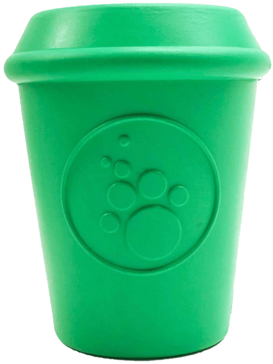 A SodaPup Coffee Cup Durable Rubber Chew Toy and Treat Dispenser with a paw print that doubles as a durable chew toy for dogs.