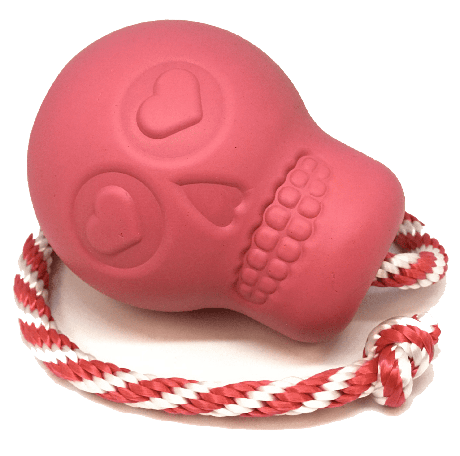 A durable USA-K9 Skull Durable Rubber Chew Toy, Treat Dispenser, Reward Toy, Tug Toy, and Retrieving Toy - Pink with a rope attached to it.