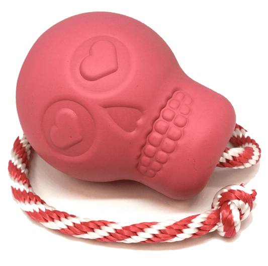 A durable USA-K9 Skull Durable Rubber Chew Toy, Treat Dispenser, Reward Toy, Tug Toy, and Retrieving Toy - Pink with a rope attached to it.