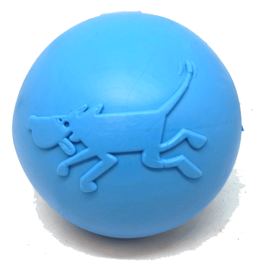 A durable Wag Ball Ultra Durable Synthetic Rubber Chew Toy & Floating Retrieving Toy - Large - Blue by SodaPup that floats, perfect for power-chewers with a dog on it.