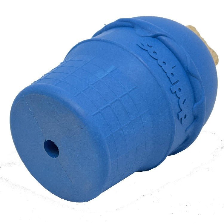 An Ice Cream Cone Durable Rubber Chew Toy and Treat Dispenser, by SodaPup, is a blue plastic bottle with a hole in it, serving as a treat dispenser.