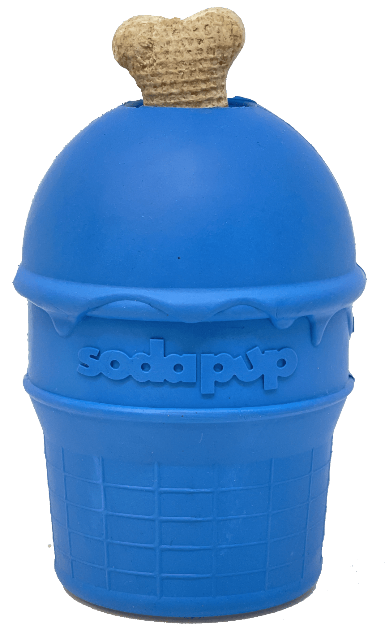 A blue Ice Cream Cone Durable Rubber Chew Toy and Treat Dispenser with the brand name "SodaPup" on it.