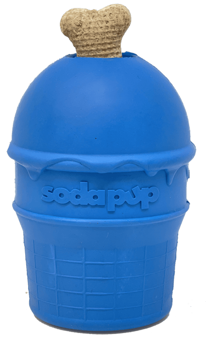 A blue Ice Cream Cone Durable Rubber Chew Toy and Treat Dispenser with the brand name "SodaPup" on it.