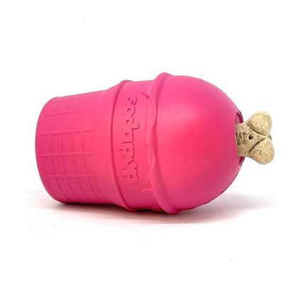 A SodaPup Ice Cream Cone Durable Rubber Chew Toy and Treat Dispenser on a white background.