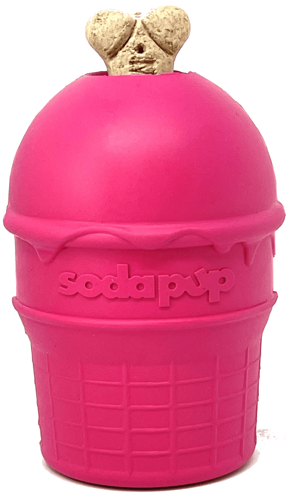 A durable pink SodaPup ice cream cone with a dog in it, serving as a chew toy and treat dispenser.