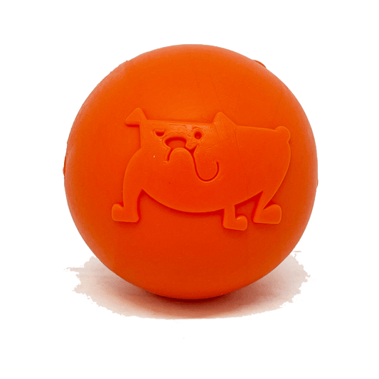 A Smile Ball Ultra Durable Synthetic Rubber Chew Toy & Floating Retrieving Toy by SodaPup, featuring a playful orange design with a resilient construction perfect for power-chewers.