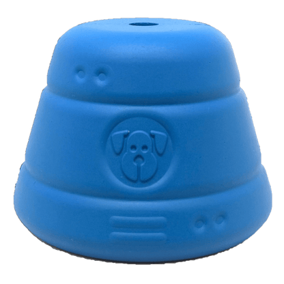 A durable blue Space Capsule Durable Rubber Chew Toy & Treat Dispenser with a logo on it, made by SodaPup.