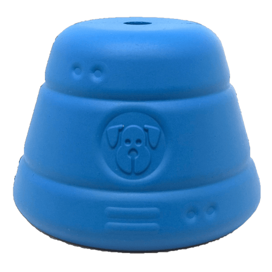 A durable blue Space Capsule Durable Rubber Chew Toy & Treat Dispenser with a logo on it, made by SodaPup.