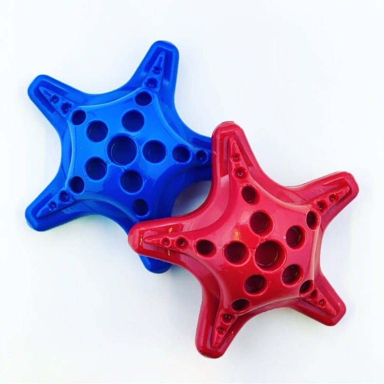 Two Starfish Ultra Durable Nylon Dog Chew Toys for Aggressive Chewers by SodaPup designed for aggressive chewers on a white surface.